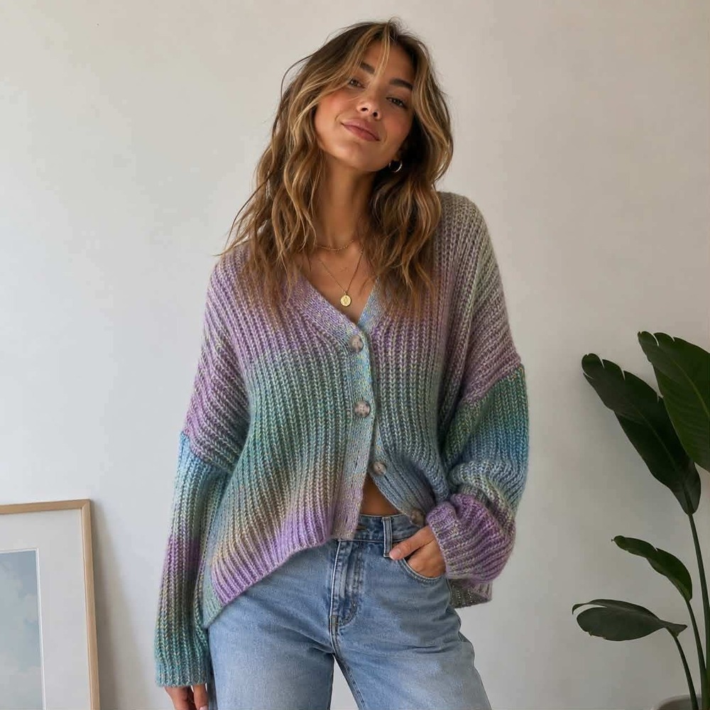 Arizona Jean Co Womens XL Multicolor Space Dye Chunky Knit Cardigan Sweater